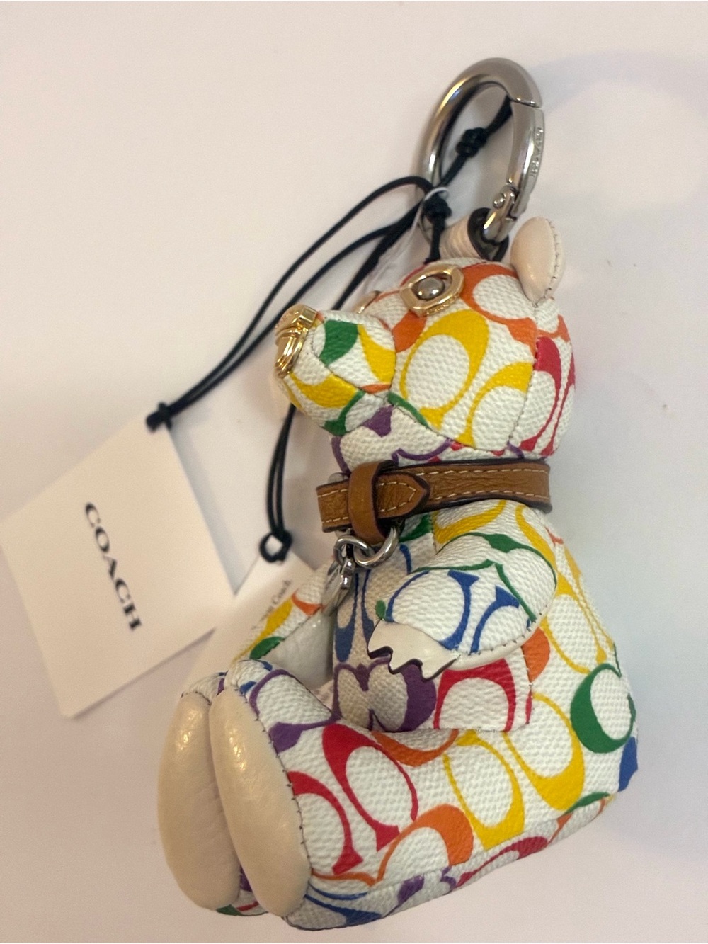 Coach CJ963 Bear Bag Charm In Rainbow Signature C Coated Canvas Keyring NWT - Picture 3 of 12